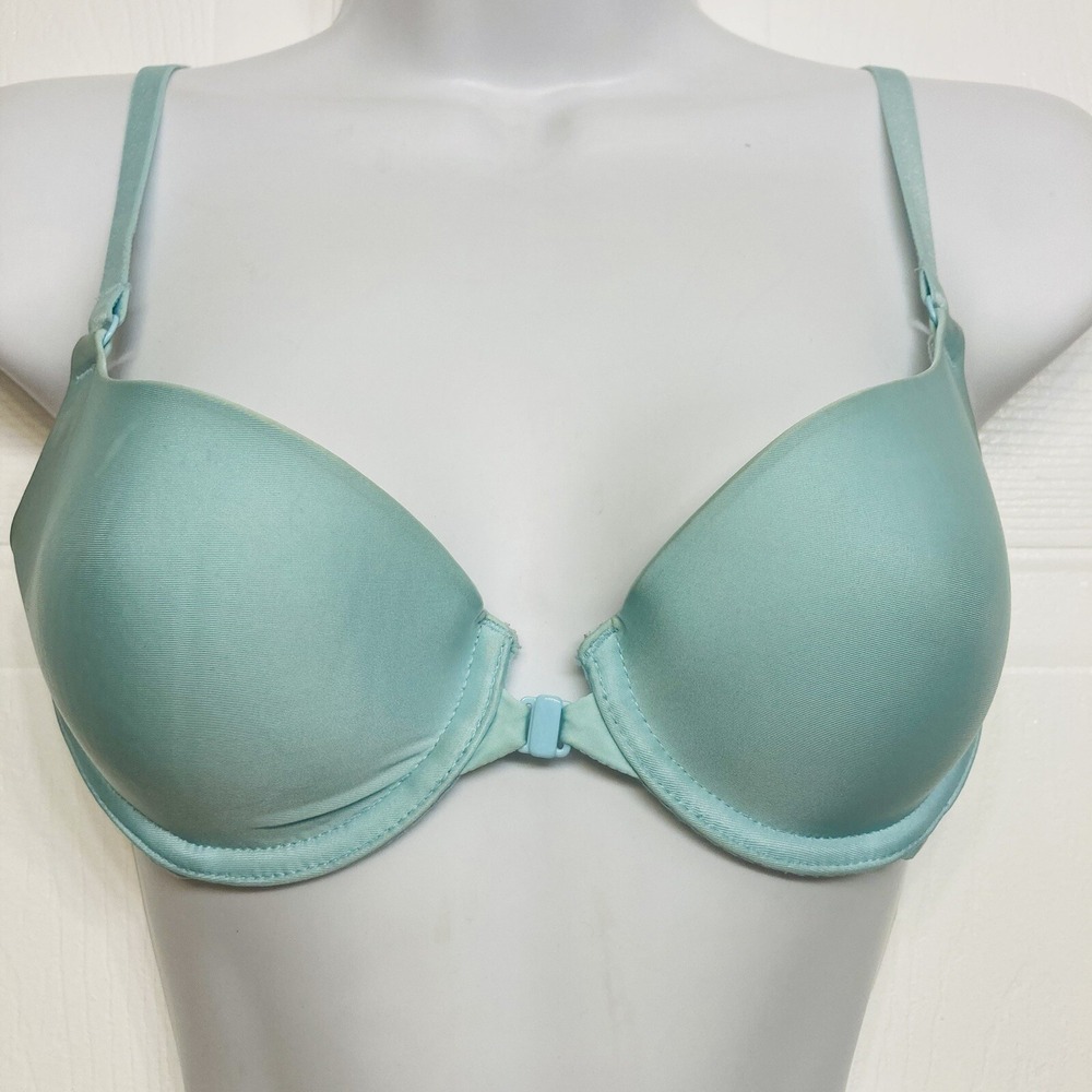 Victoria's Secret Lined Demi Bra Sz 32C Aqua Blue Strappy Front Close Underwire